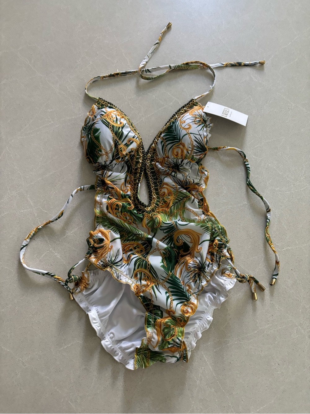 NWT Lateen Luxury Hand Beaded Tropical Baroque Monokini One Piece Swimsuit L